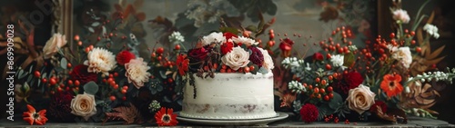 A Rustic Wedding Cake Decorated With Red and White Flowers © olegganko
