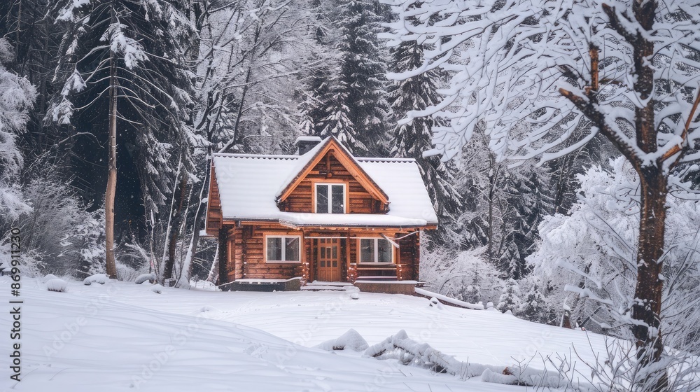 A cozy mountain cabin covered in snow during winter A cozy mountain cabin covered in snow during winter