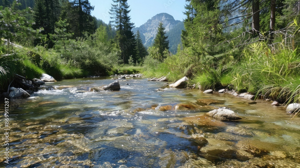 A crystal-clear mountain stream flowing through a forest A crystal-clear mountain stream flowing through a forest