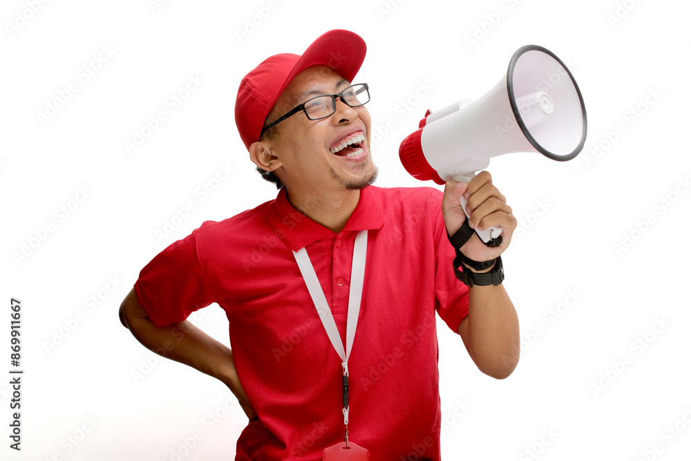 Asian delivery man or courier shouting into a megaphone, announcing a promo, special offer, discount, and great deals, isolated on a white background Asian delivery man or courier shouting into a megaphone, announcing a promo, special offer, discount, and great deals, isolated on a white background