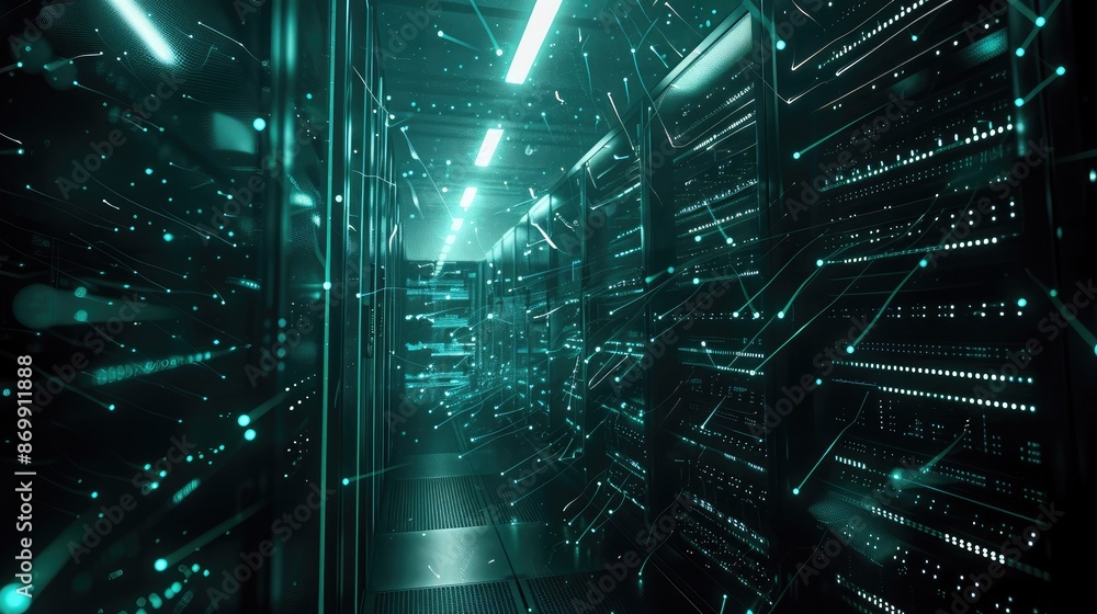 A dark-themed data center with illuminated data transfer lines and connections A dark-themed data center with illuminated data transfer lines and connections