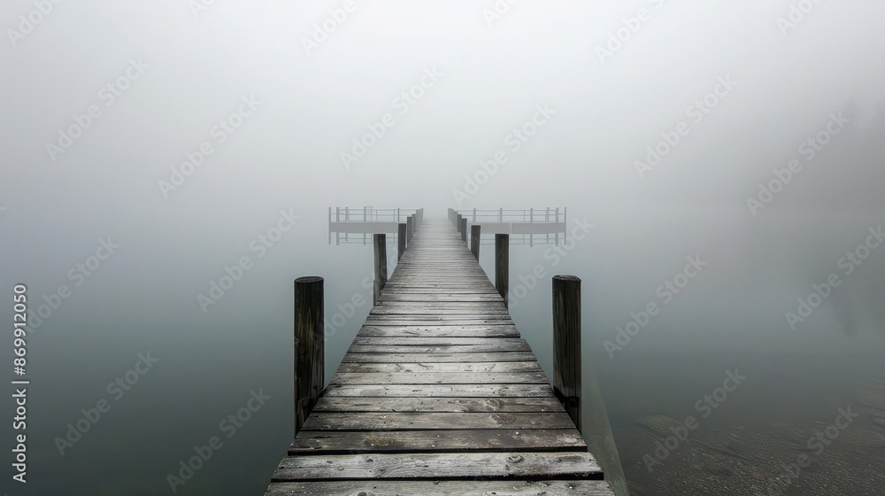 A desolate pier stretching into a foggy lake A desolate pier stretching into a foggy lake