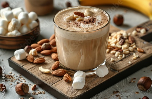 Almond and Banana Latte With Marshmallows and Nuts on a Wooden Tray