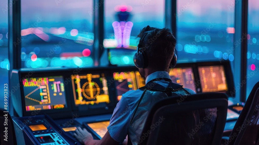 A flight controller monitoring air traffic at an airport control tower, ensuring safe air travel A flight controller monitoring air traffic at an airport control tower, ensuring safe air travel