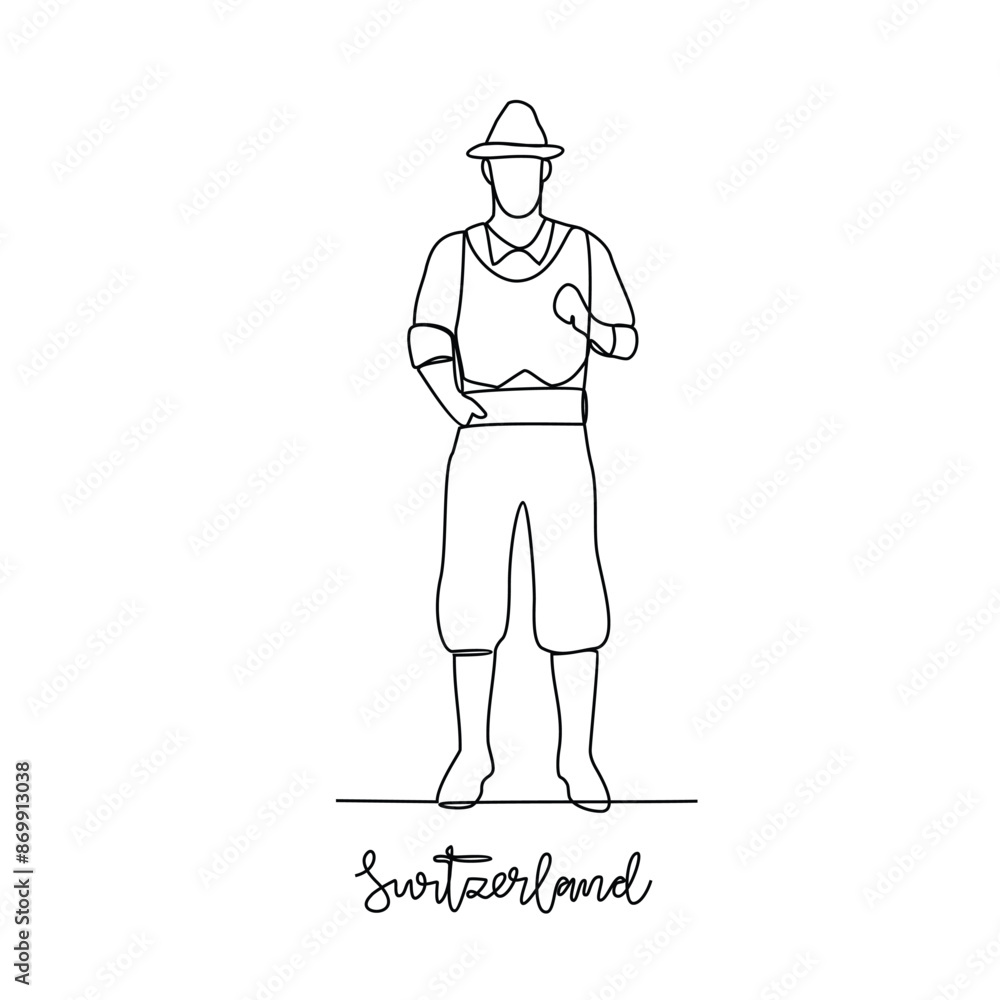 One continuous line drawing of Switzerland traditional clothes vector illustration. Traditional fashion country themes design with simple linear continuous line concept. Traditional fashion education One continuous line drawing of Switzerland traditional clothes vector illustration. Traditional fashion country themes design with simple linear continuous line concept. Traditional fashion education