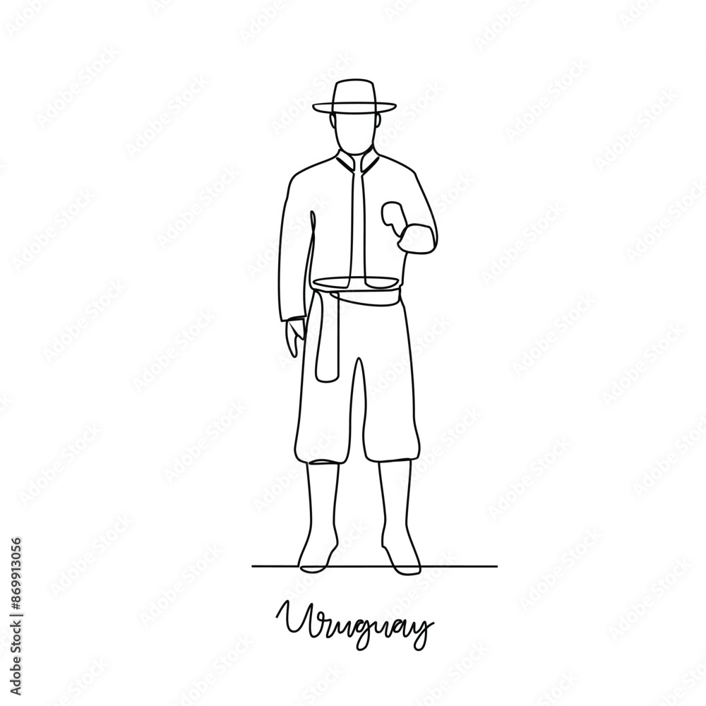 One continuous line drawing of Uruguay traditional clothes vector illustration. Traditional fashion country themes design with simple linear continuous line concept. Traditional fashion education One continuous line drawing of Uruguay traditional clothes vector illustration. Traditional fashion country themes design with simple linear continuous line concept. Traditional fashion education