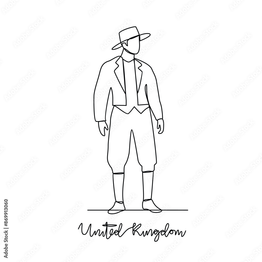 One continuous line drawing of United Kingdom traditional clothes vector illustration. Traditional fashion country theme design with simple linear continuous line. Traditional fashion education One continuous line drawing of United Kingdom traditional clothes vector illustration. Traditional fashion country theme design with simple linear continuous line. Traditional fashion education