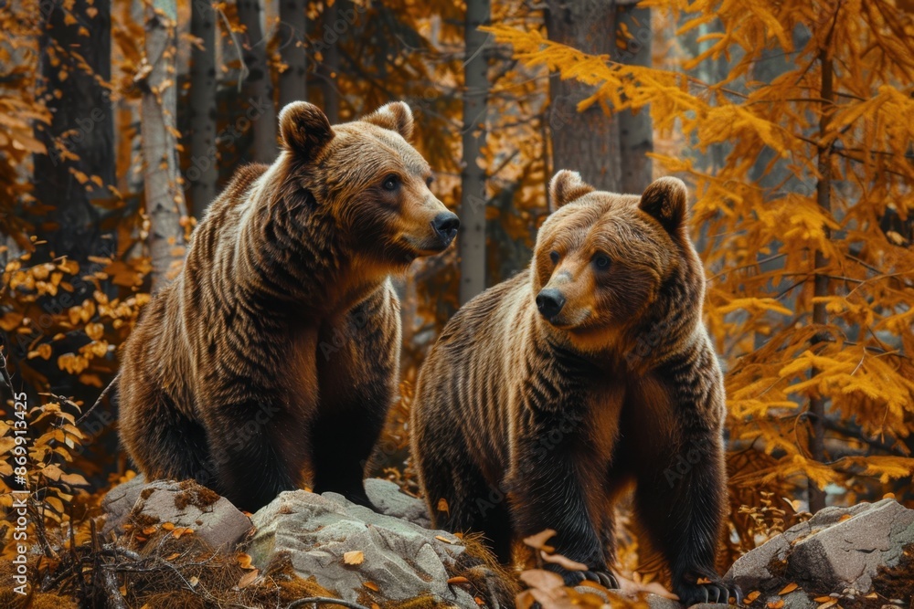 Obraz premium Two brown bears in the forest, autumn colors Generative AI