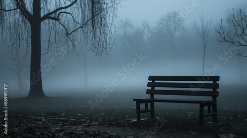 A lonely bench in a foggy park, evoking a sense of isolation and sadness © buraratn