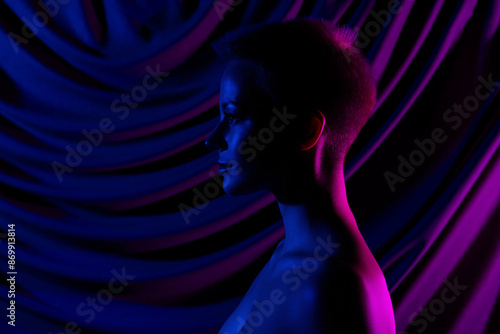 Profile photo of pretty woman naked shoulders enjoying self acceptance empty space isolated neon purple color linen