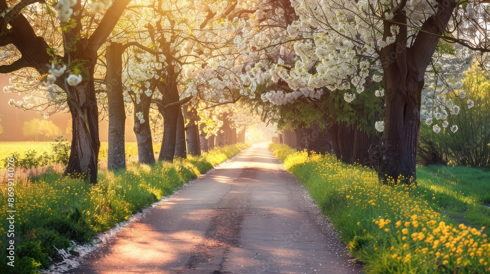 Naklejka premium A peaceful countryside road lined with blooming flowers in spring
