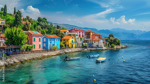 A picturesque seaside town with colorful houses along the shore