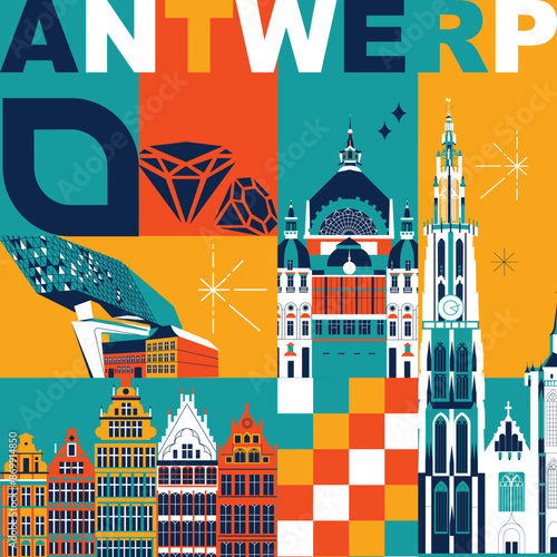 Typography word "Antwerp" branding technology concept. Collection of flat vector web icons. Culture travel set, famous architectures, specialties detailed silhouette. Belgium famous landmark