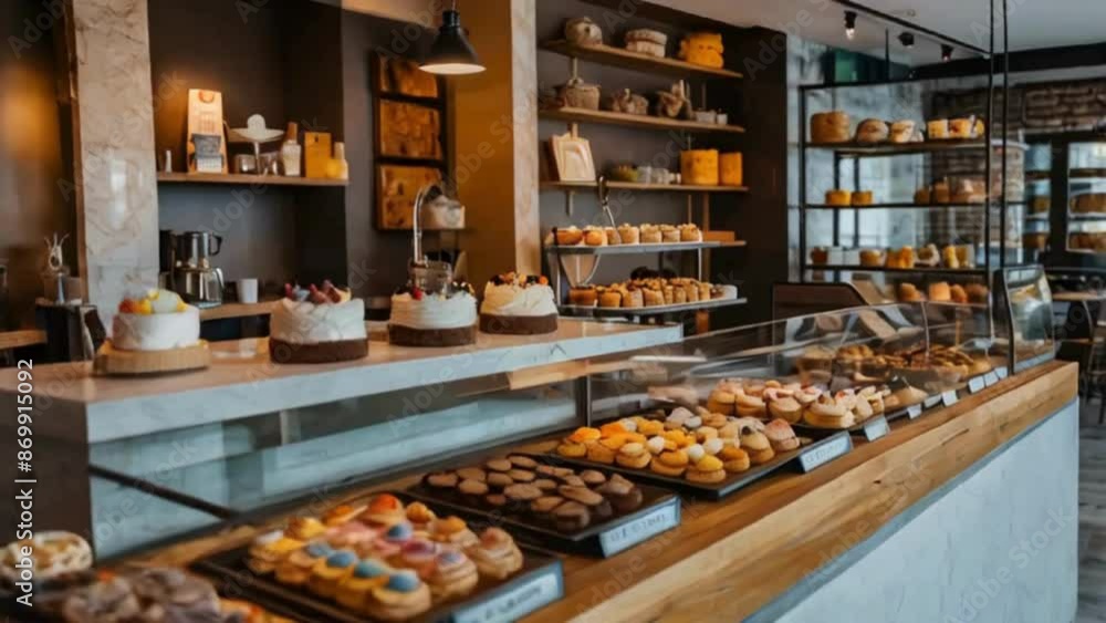 Bakery Interior with Display Case of Cakes, Cupcakes, and Pastries Bakery Interior with Display Case of Cakes, Cupcakes, and Pastries