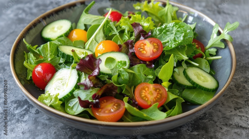 A refreshing summer salad with mixed greens, cherry tomatoes, cucumbers, and a light vinaigrette A refreshing summer salad with mixed greens, cherry tomatoes, cucumbers, and a light vinaigrette