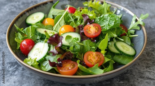 A refreshing summer salad with mixed greens, cherry tomatoes, cucumbers, and a light vinaigrette