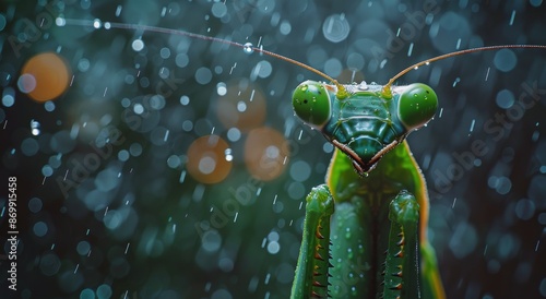 Close Up Of Praying Mantis With Water Droplets On Its Body