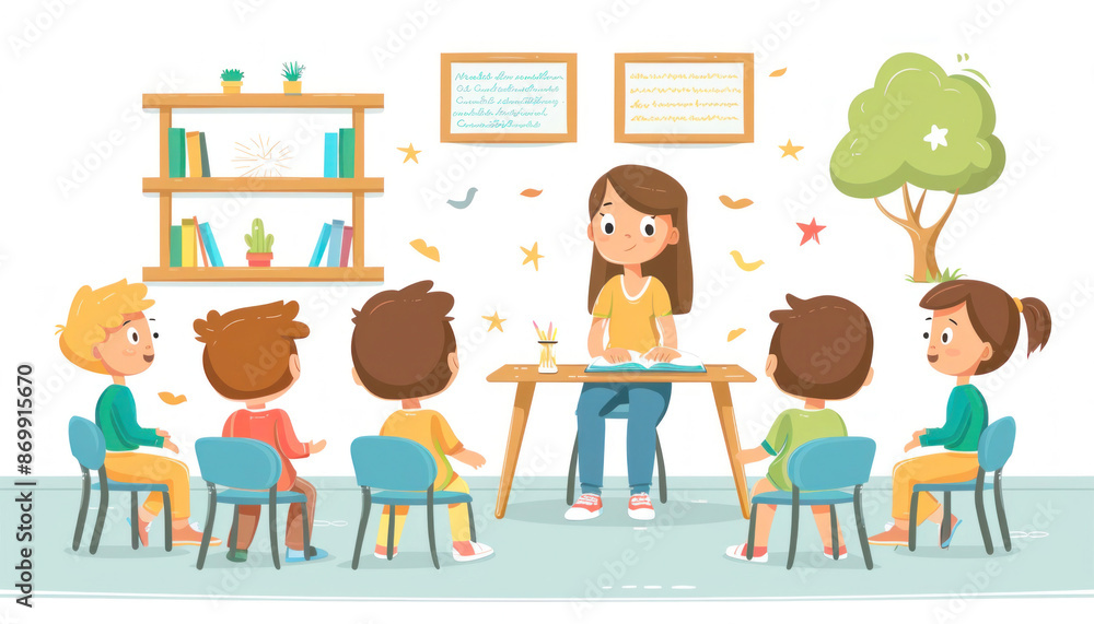 In a classroom, a teacher is instructing a class of students on various subjects In a classroom, a teacher is instructing a class of students on various subjects