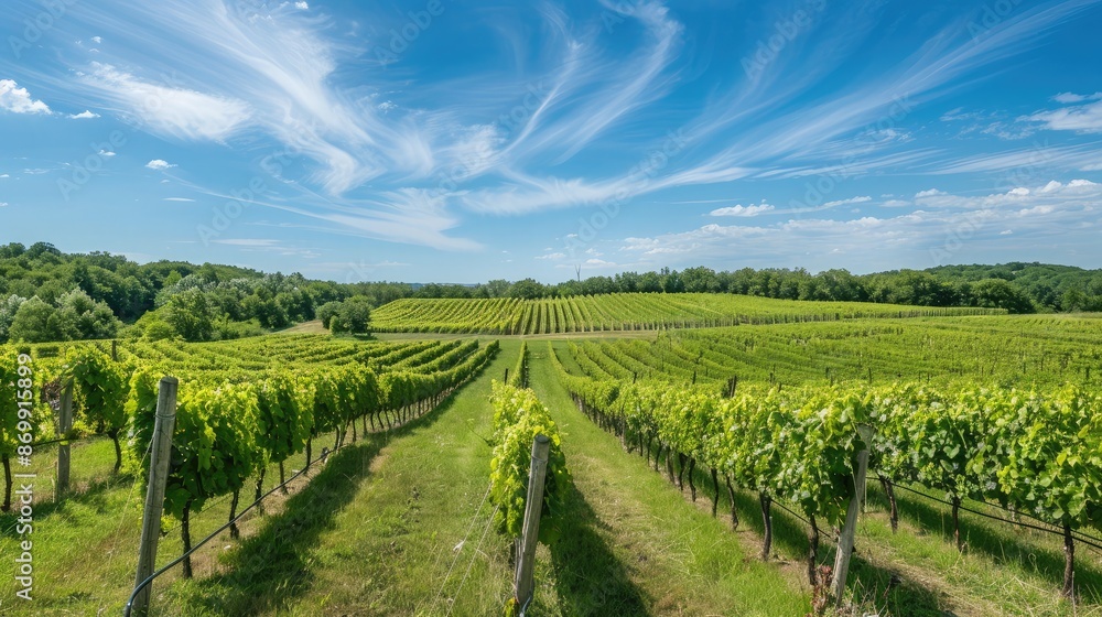 A scenic view of a summer vineyard, with rows of grapevines under a clear blue sky A scenic view of a summer vineyard, with rows of grapevines under a clear blue sky