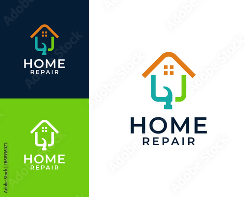 Home repair logo. Home with tools icon logo design illustration. Home renovation logo design inspiration. photo