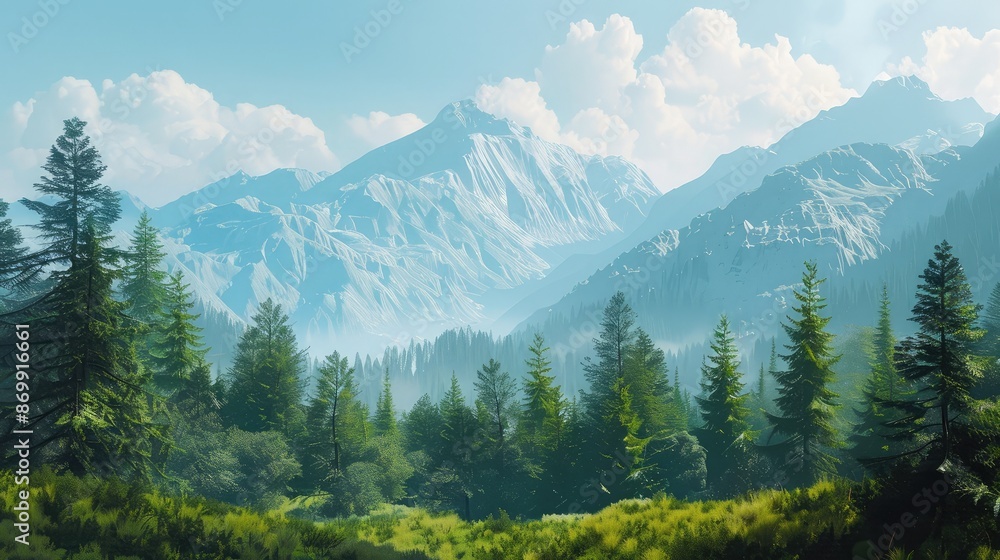 A serene mountain landscape with a clear sky, evoking a sense of peace and happiness A serene mountain landscape with a clear sky, evoking a sense of peace and happiness