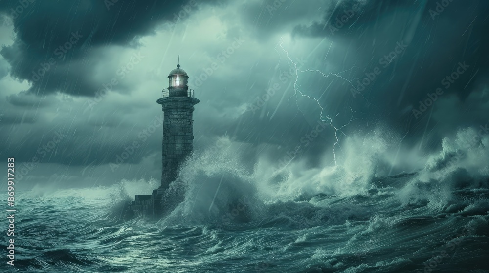 A solitary lighthouse standing in a stormy sea A solitary lighthouse standing in a stormy sea
