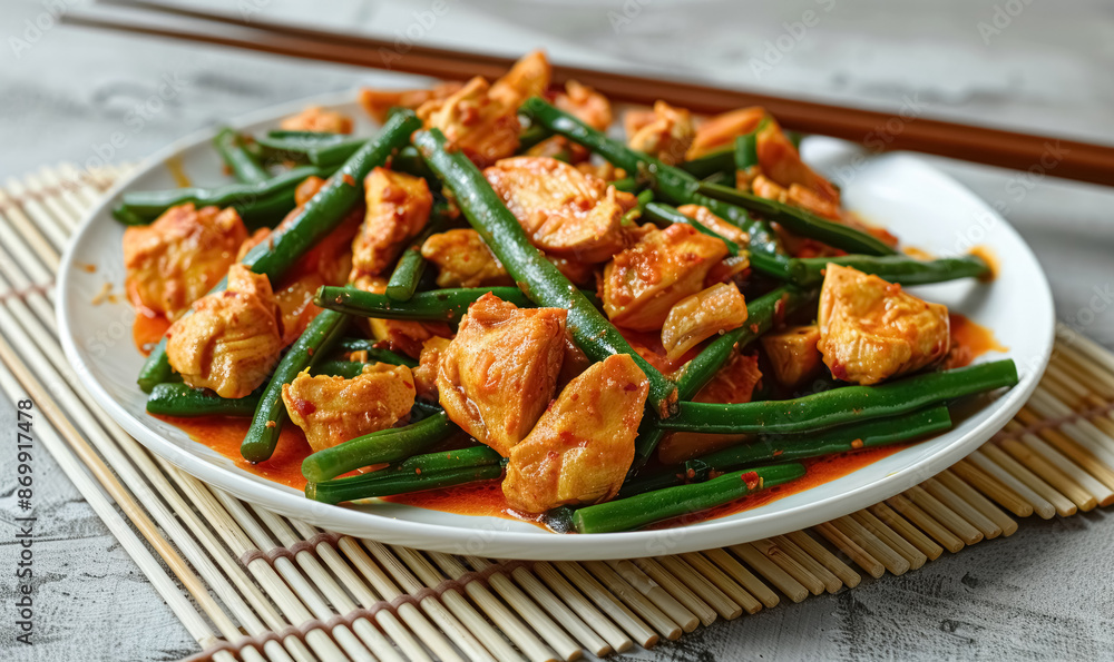 Stir-fried spicy red curry with chicken pieces and long green beans on dark grey plate on bamboo mat, chopsticks on concrete background, tradition thai dish phat phrik khing Stir-fried spicy red curry with chicken pieces and long green beans on dark grey plate on bamboo mat, chopsticks on concrete background, tradition thai dish phat phrik khing