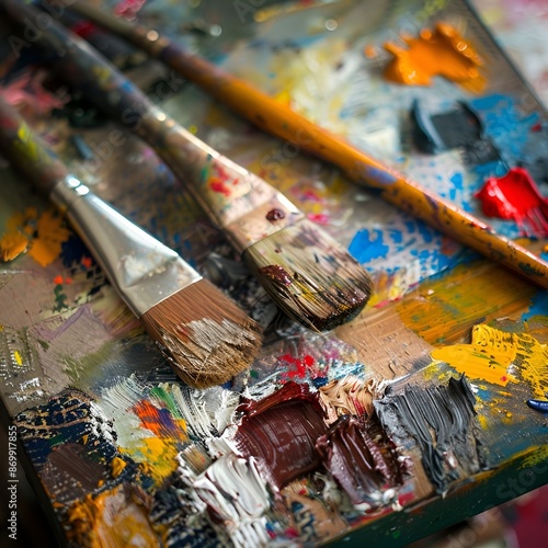  Paintbrushes covered in colorful paint lying on a messy artist's palette.