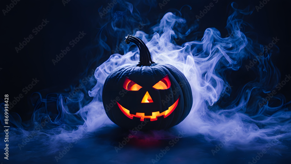 Naklejka premium A pumpkin with a scary face is lit up in the dark