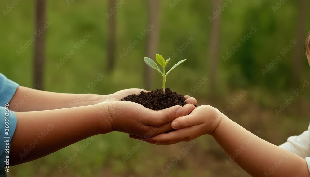 adult hands hand a small plant to young hands, symbolizing the responsibility of bequeathing a healthy environment to our children adult hands hand a small plant to young hands, symbolizing the responsibility of bequeathing a healthy environment to our children