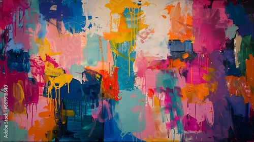 The canvas comes alive with a vibrant tapestry of color, where abstract expressionism meets playful splashes of liquid joy, evoking a sense of joy and wonder.