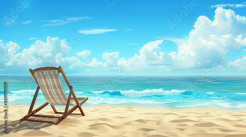 Fototapeta Naklejka Na Ścianę i Meble -  3D illustration of a summer beach scene with a chair on the beach blue sea and a clear cloudy sky