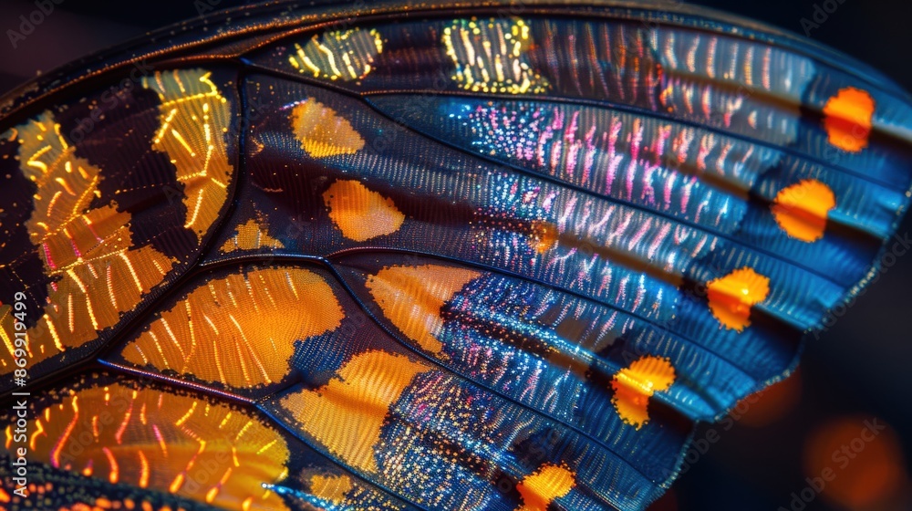 A macro photograph of a patterned butterfly wing with detailed textures, with a luminous glow adding a touch of elegance and visual interest A macro photograph of a patterned butterfly wing with detailed textures, with a luminous glow adding a touch of elegance and visual interest
