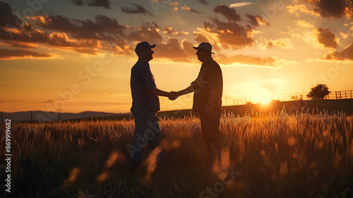 Two Farmers Shake Hands on Field at Sunset