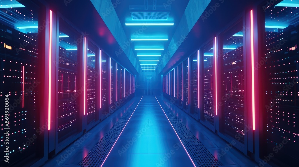 Fototapeta premium Next-Gen Data Center: Shimmering Servers and Network Cables