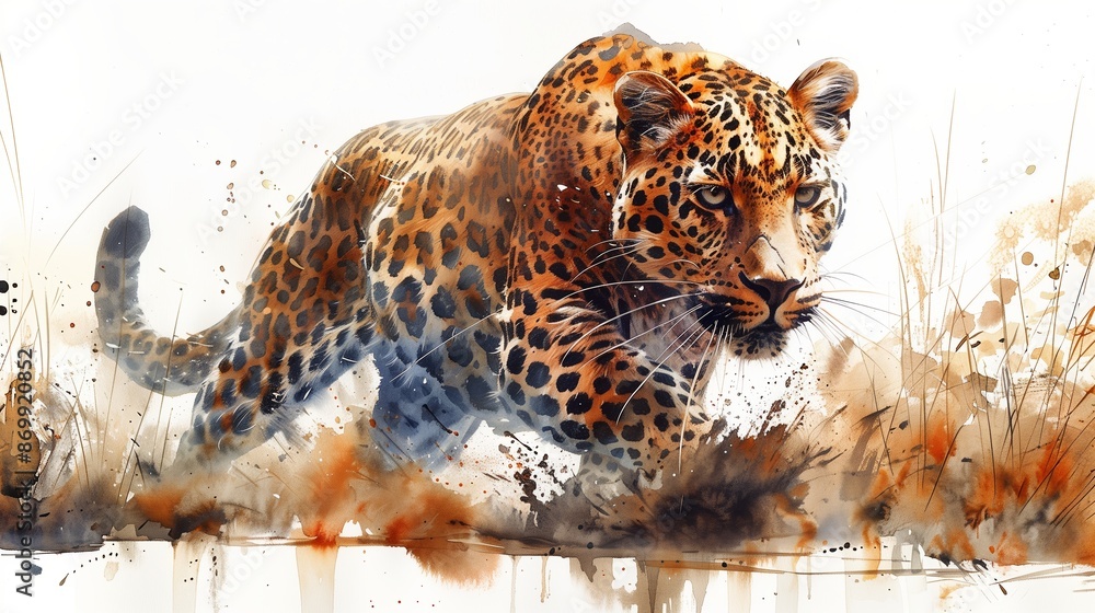 Watercolor Painting of a Leopard Walking Through Grass Watercolor Painting of a Leopard Walking Through Grass