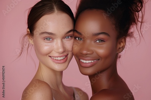 Two Women Smiling Together In Front of Pink Background