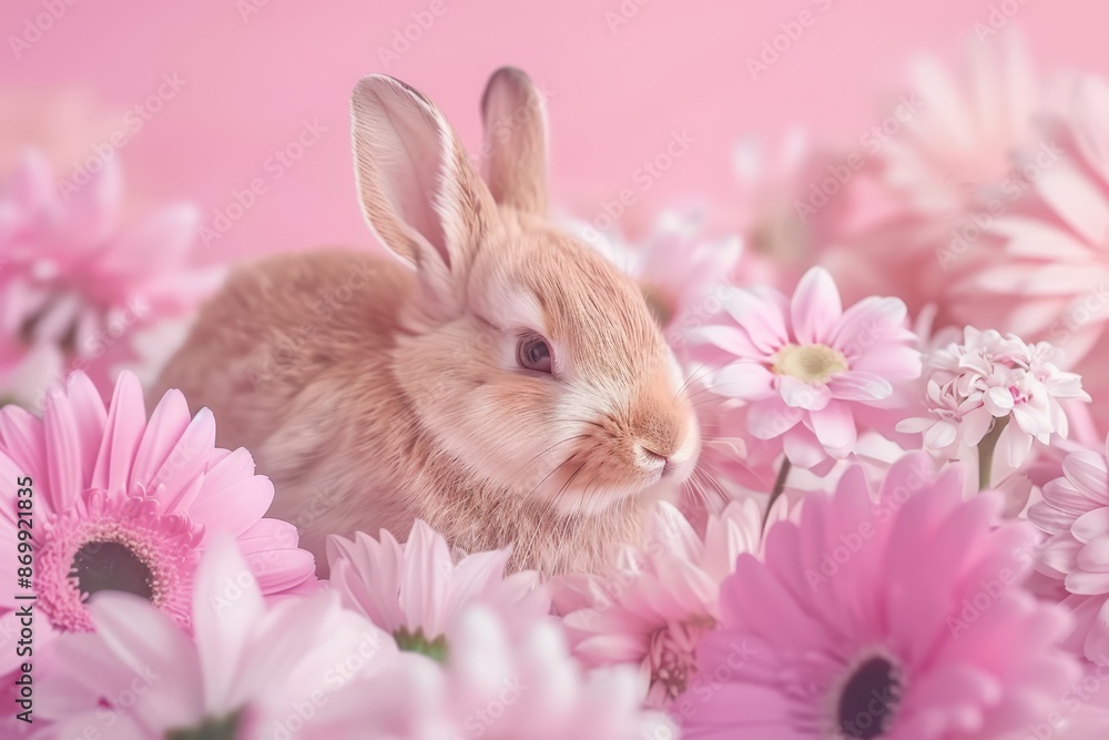 Brown bunny nestled in a bed of pink daisies and blossoms Brown bunny nestled in a bed of pink daisies and blossoms