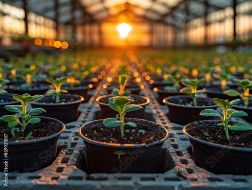 Greenhouse with rows of young plants at sunset