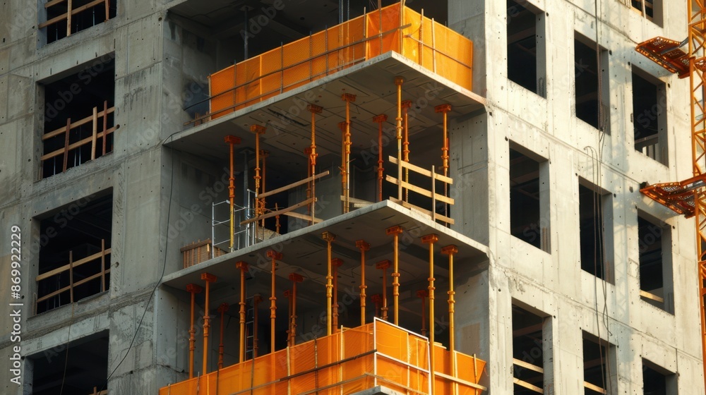 Fototapeta premium Under-construction building with exposed concrete and safety barriers, highlighting urban development and architectural progress.
