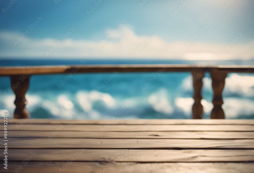 Wood Table With Blur Ocean in the Background Wood Table With Blur Ocean in the Background