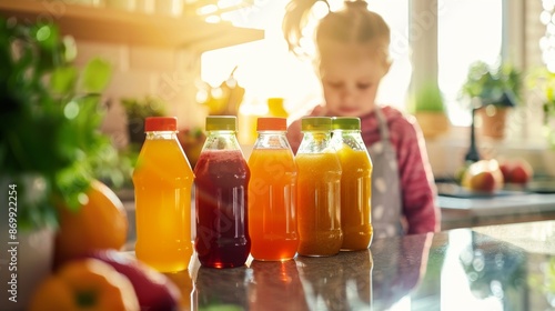 The child chooses fresh fruit juice in bottles. Healthy Lifestyle. A natural source of vitamins