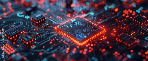 Wallpaper Mural Closeup of a Computer Chip With Red and Blue Lights Torontodigital.ca