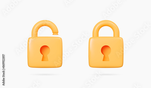 3D Closed and open yellow padlock icon set. Data protection and security concept. Lock with password. Privacy and encryption. Cartoon creative design icons. 3D Vector illustration