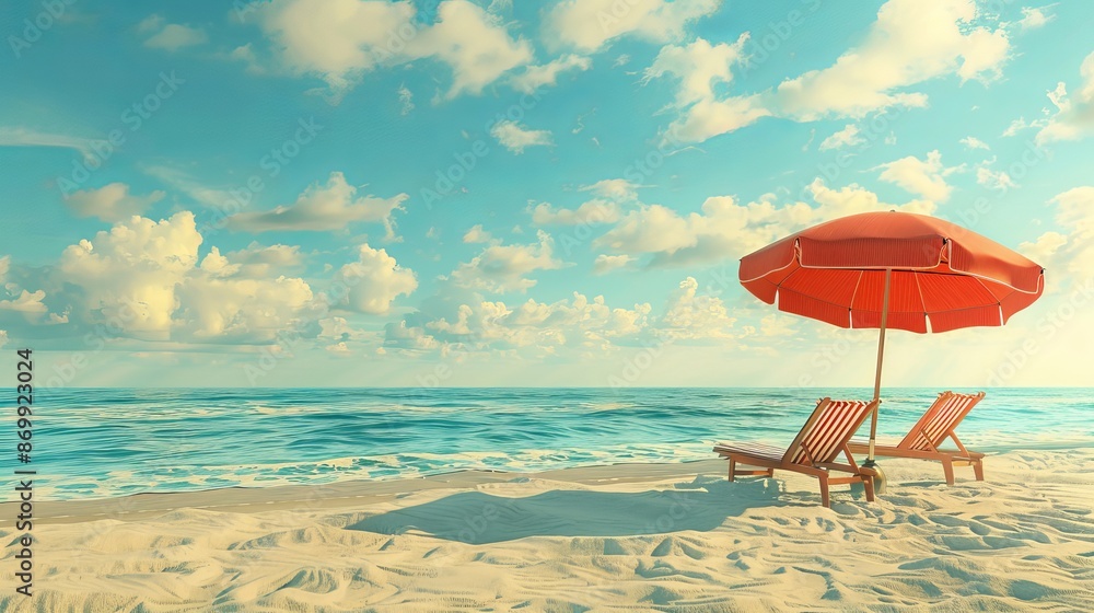 3D rendering of a beach umbrella with chairs on the sandy beach symbolizing a summer vacation concept 3D rendering of a beach umbrella with chairs on the sandy beach symbolizing a summer vacation concept