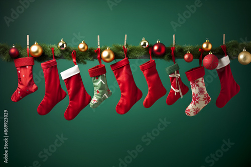 Hanging Christmas stockings filled with gifts on green background