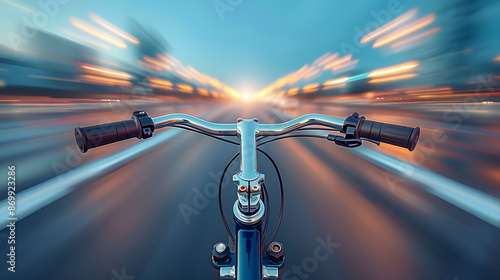 Person riding bicycle on highway at night with automotive lighting photo