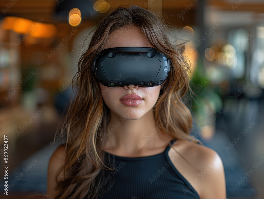 Young woman using a VR headset exploring a virtual world indoors Young woman using a VR headset exploring a virtual world indoors