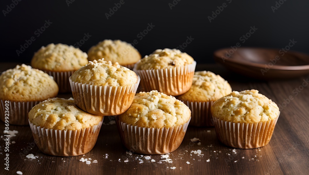 A close-up image of a group of freshly baked muffins arranged on a wooden surface A close-up image of a group of freshly baked muffins arranged on a wooden surface