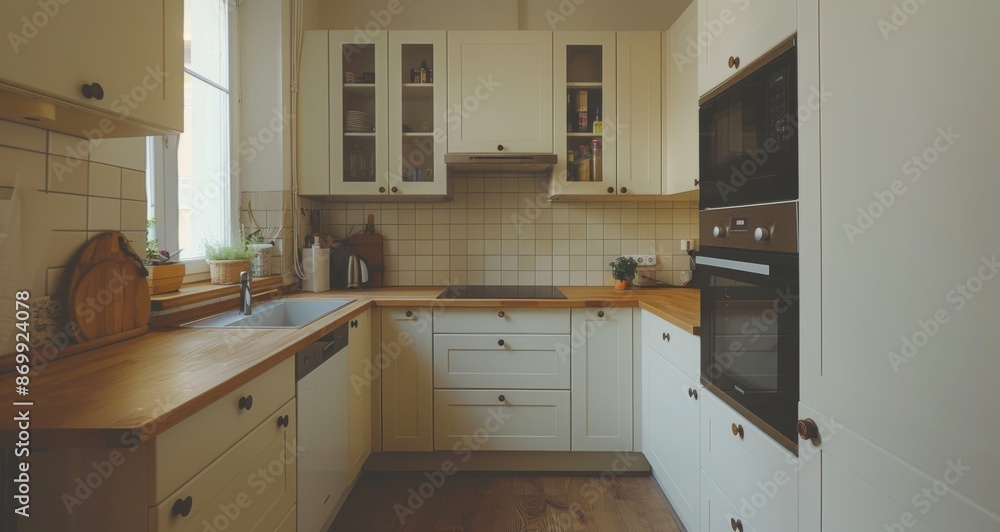 Modern Scandinavian kitchen with white cabinets and wooden countertops Modern Scandinavian kitchen with white cabinets and wooden countertops